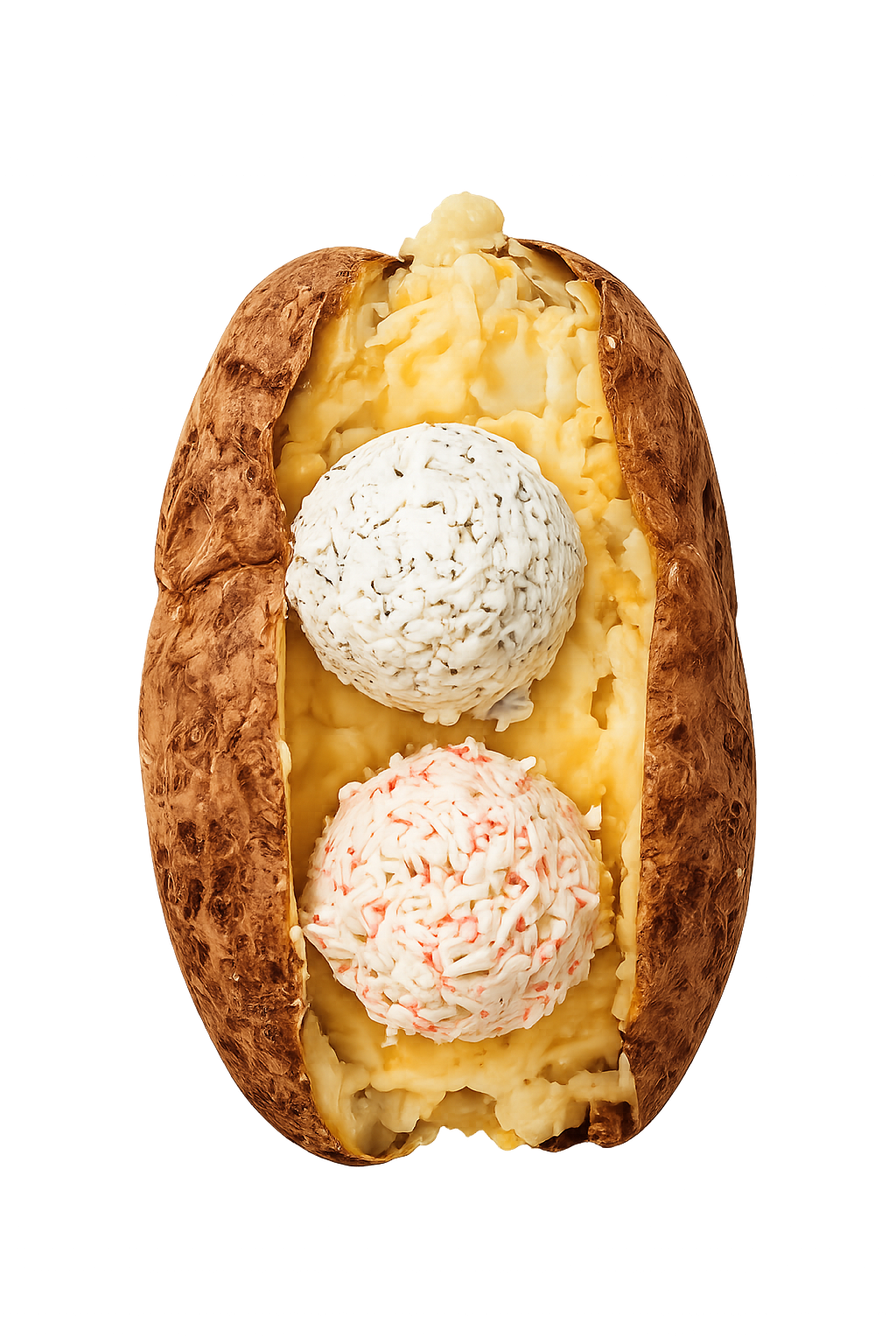 Loaded baked potato with feta and crab toppings