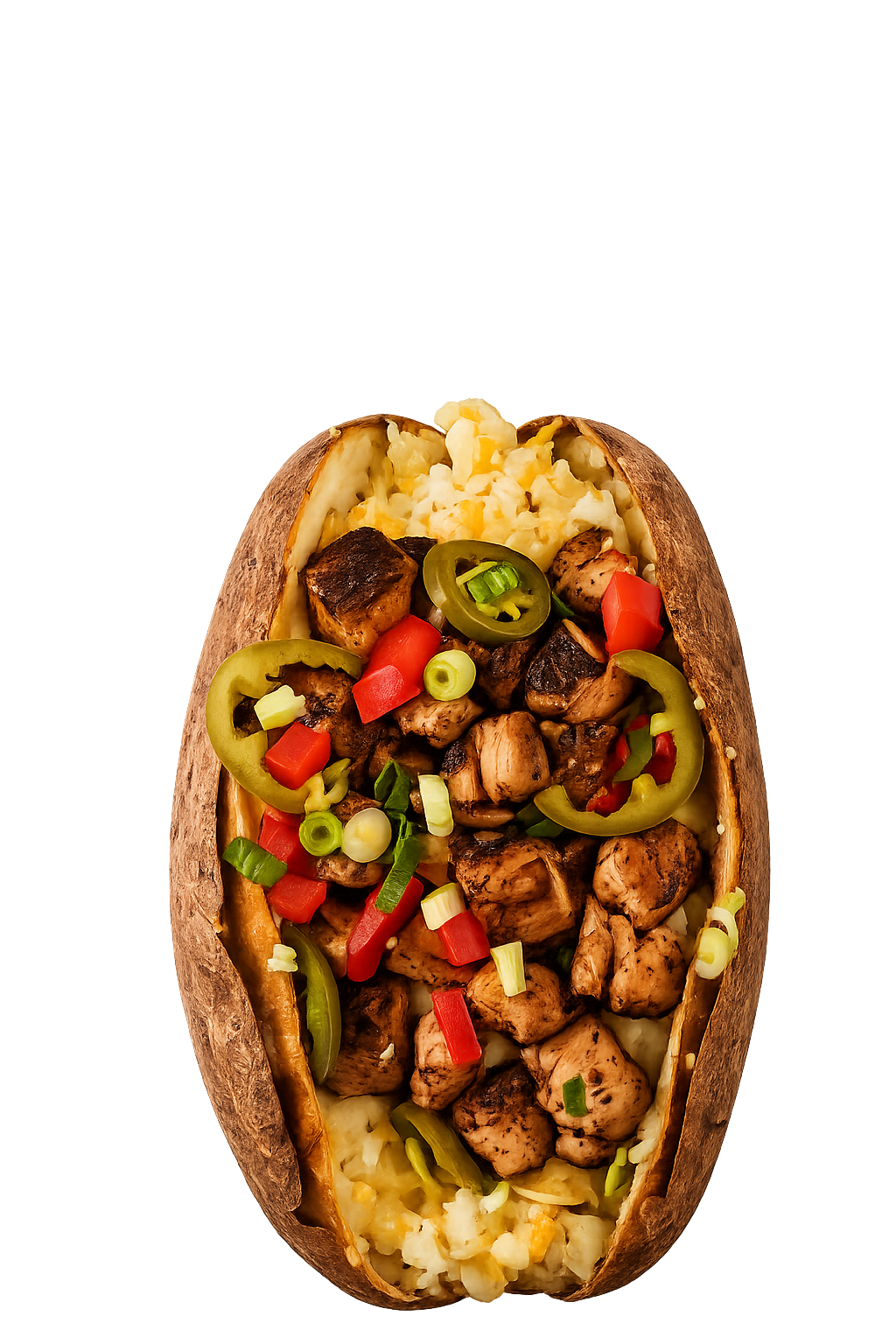 Loaded baked potato with grilled chicken, jalapeños, peppers and scallion
